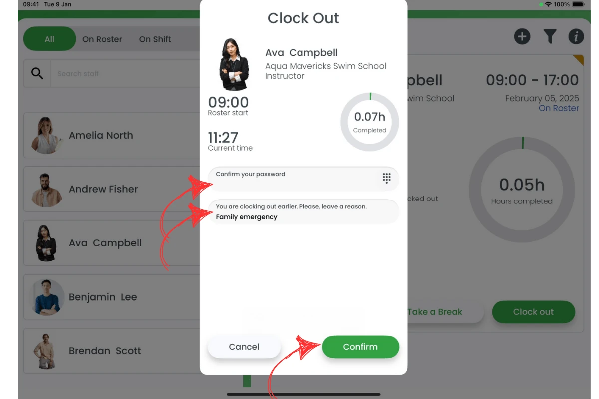 Modal to enter password and reason for early clock out