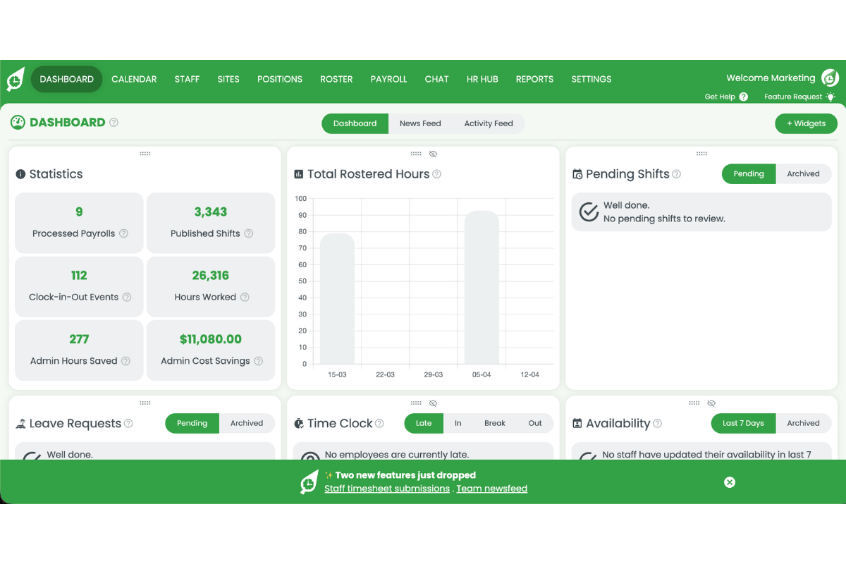 RosterElf dashboard with update notification pop-up banner visible at the bottom of the screen