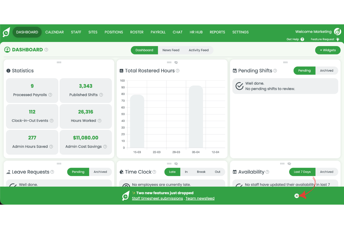 RosterElf dashboard showing the X button to click and close the pop-up update banner