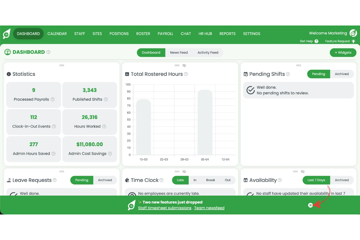 RosterElf dashboard showing the X button to click and close the pop-up update banner