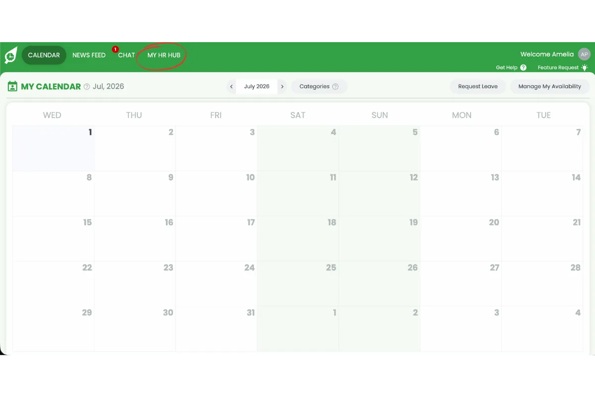 RosterElf dashboard with My HR Hub circled in red in the top navigation bar