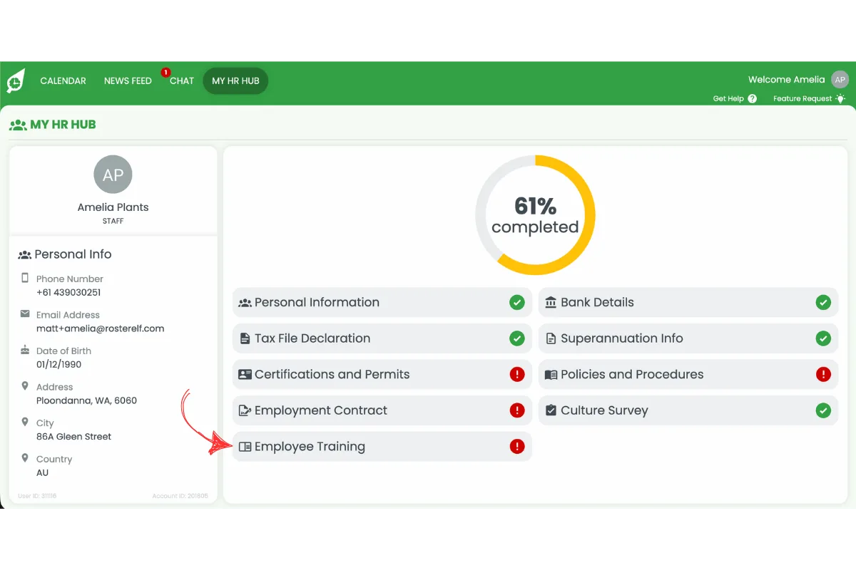 My HR Hub dashboard in RosterElf with the Employee Training row circled in red