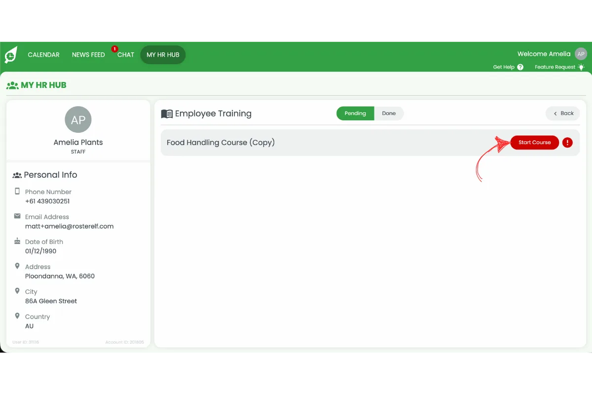 Employee Training course list in RosterElf with the Start course button circled in red