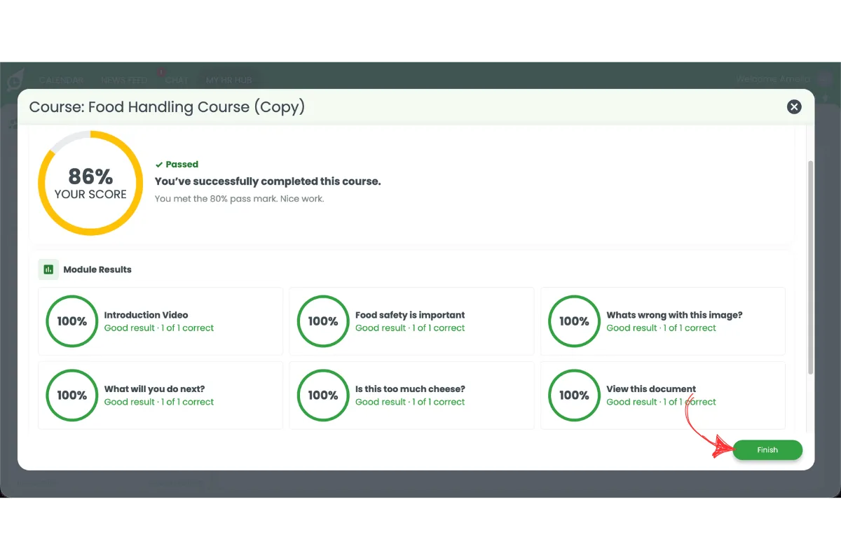 HR Hub training course results screen in RosterElf showing an 86% pass score with the Finish button circled in red