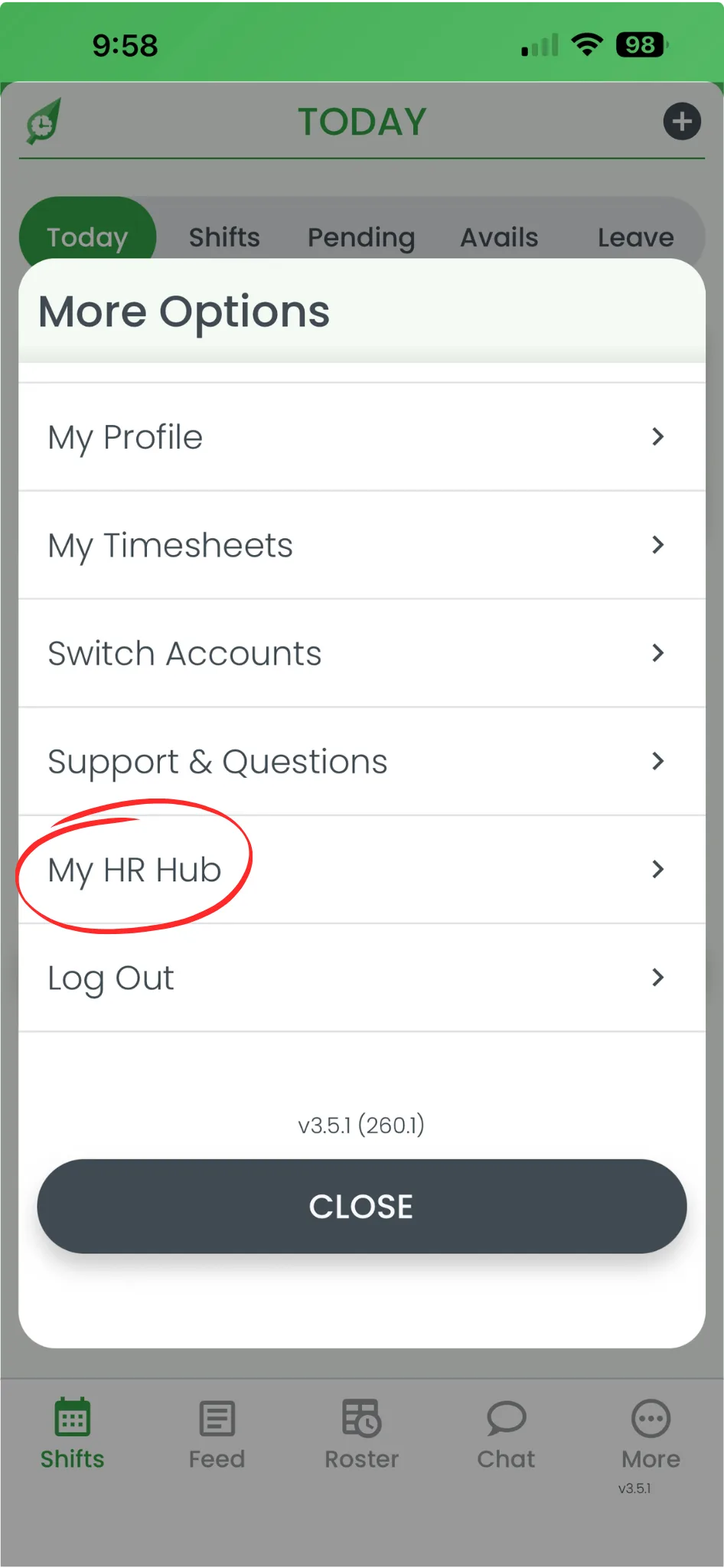 RosterElf smartphone app Today screen showing the bottom navigation bar