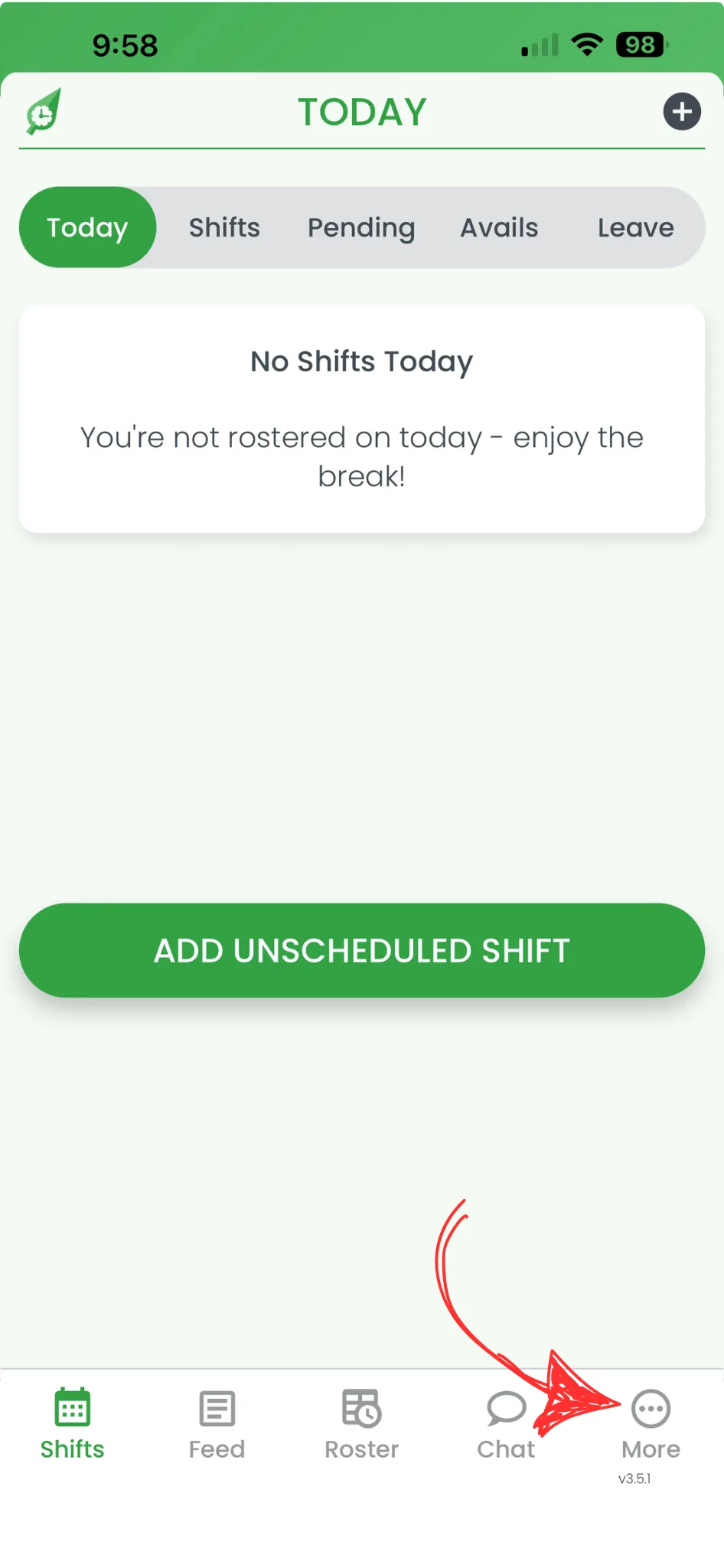 RosterElf app Today screen with the More button circled in red in the bottom navigation bar
