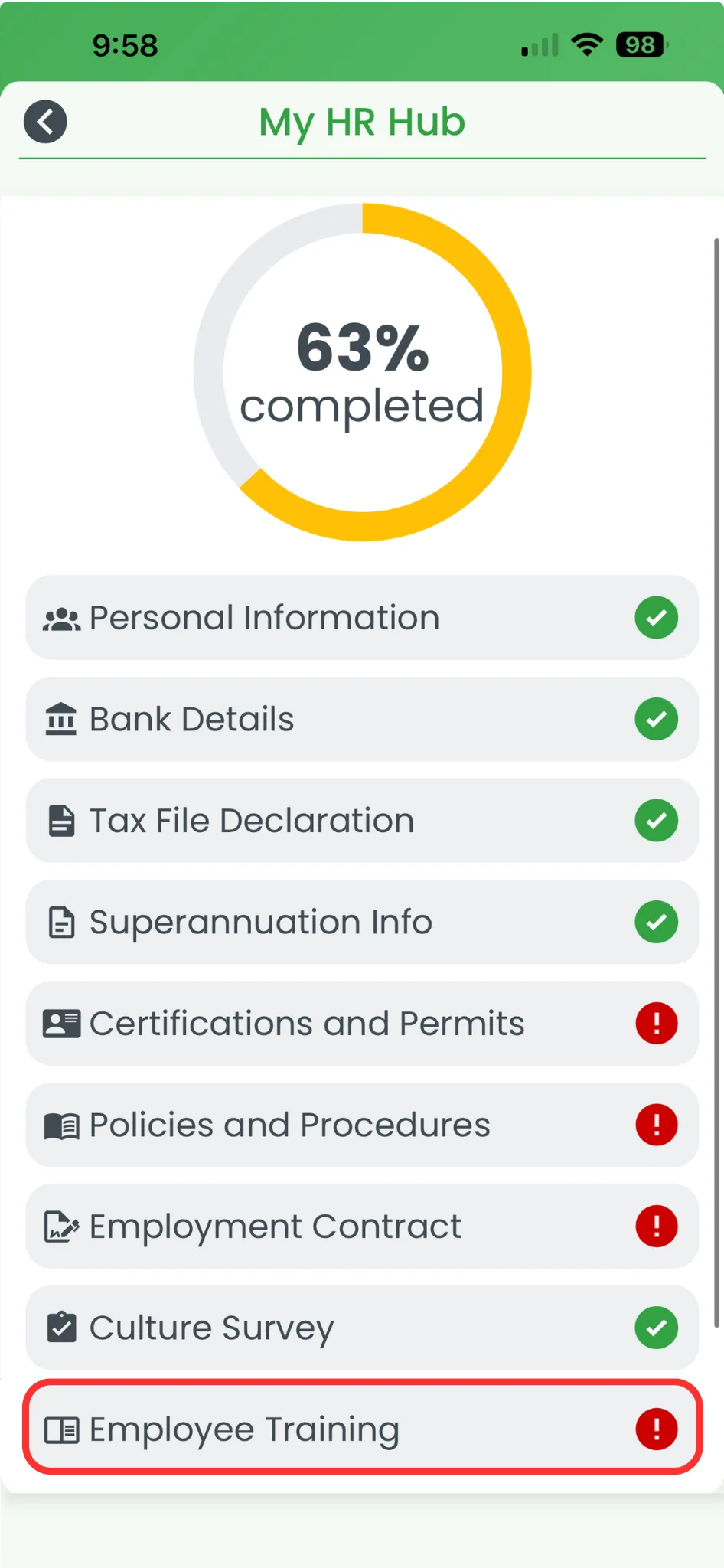 RosterElf app More Options menu with My HR Hub circled in red
