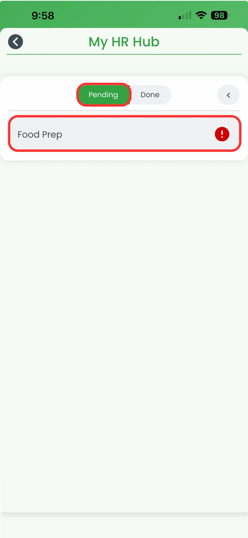 Employee Training pending course list in the RosterElf app with the assigned course circled in red