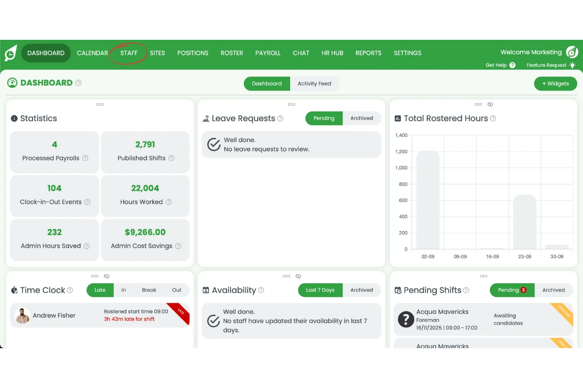 Staff tab in RosterElf showing the staff management interface
