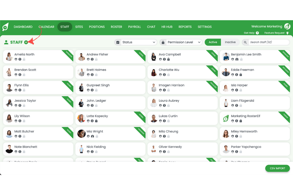 Pressing the plus symbol to add a new staff member in RosterElf