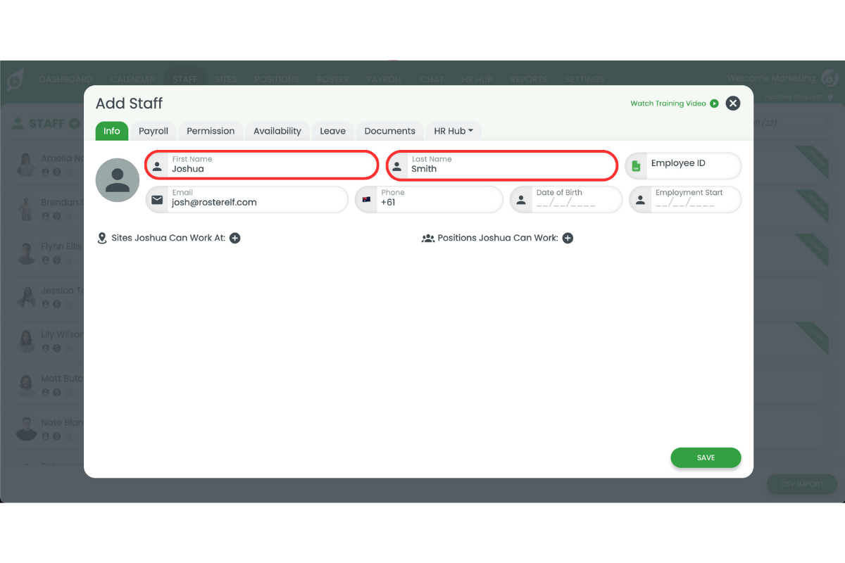 Entering staff details to match MYOB My Business in RosterElf