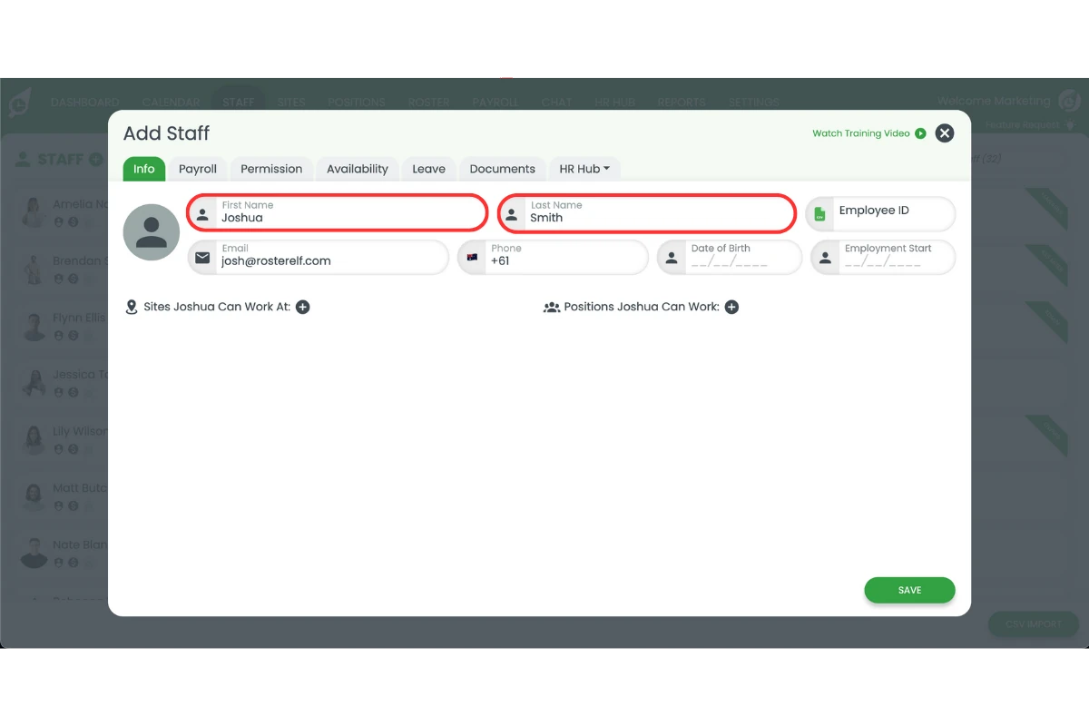 Entering staff details to match MYOB My Business in RosterElf
