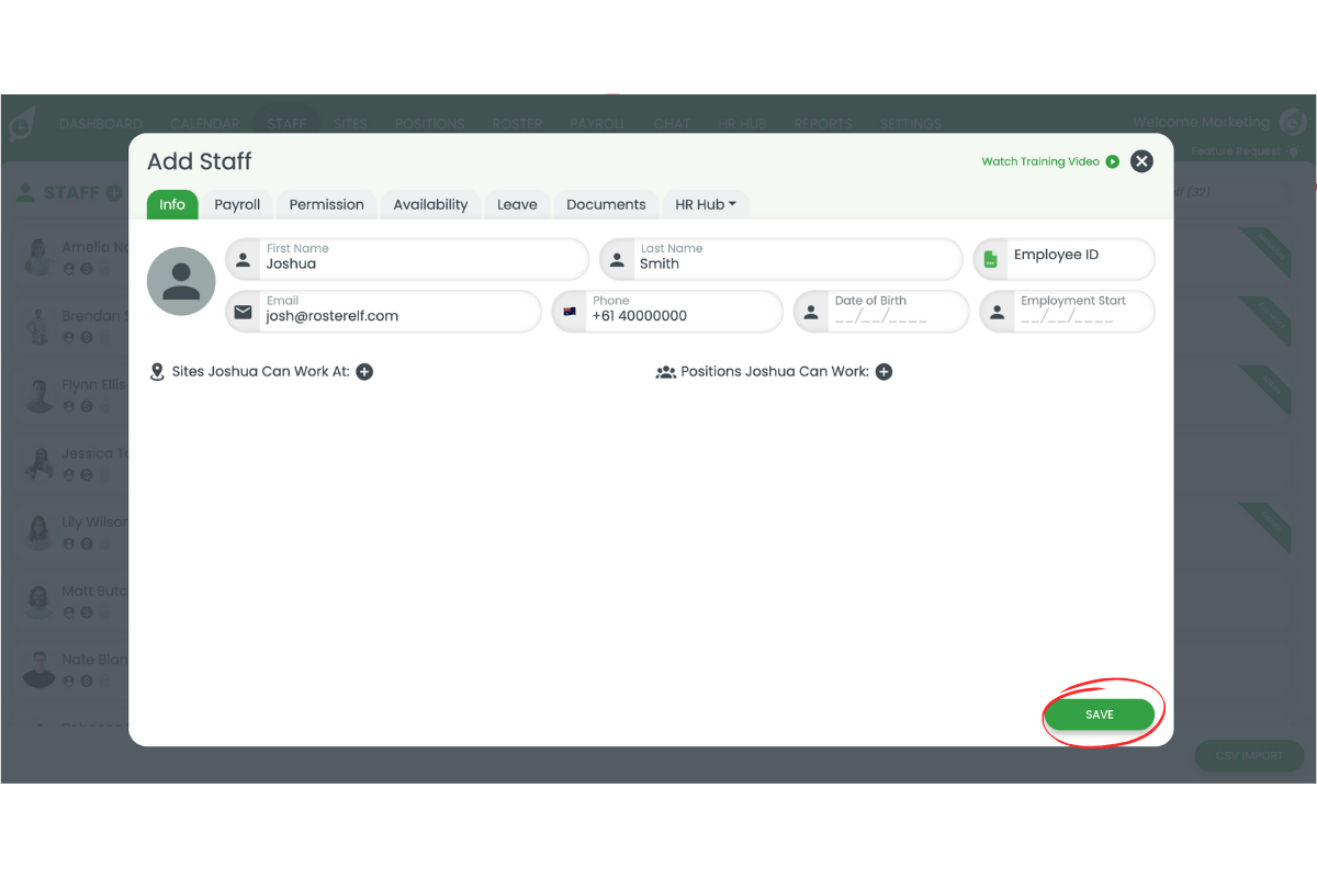Saving the new staff record in RosterElf