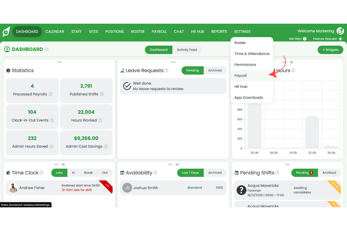 Navigating to Settings and Payroll in RosterElf