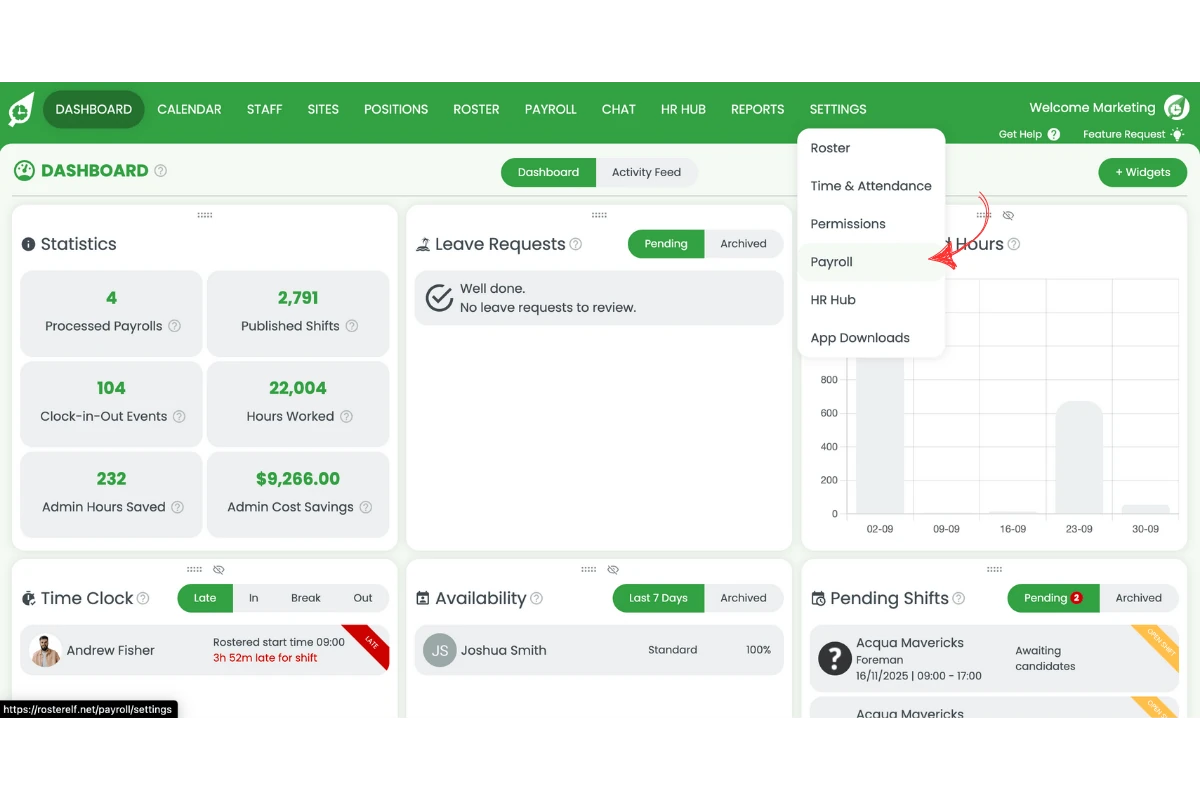 Navigating to Settings and Payroll in RosterElf