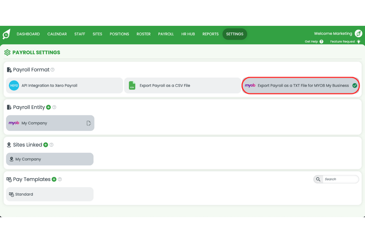 Selecting MYOB My Business as the payroll type in RosterElf