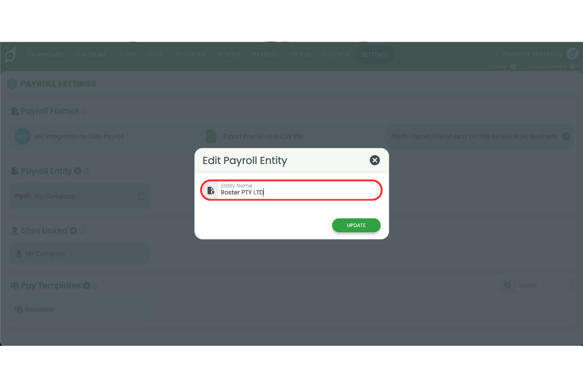 Entering the entity name in RosterElf payroll settings