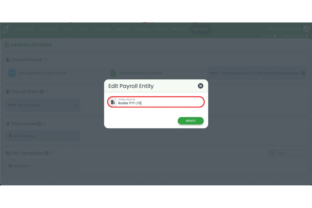 Entering the entity name in RosterElf payroll settings
