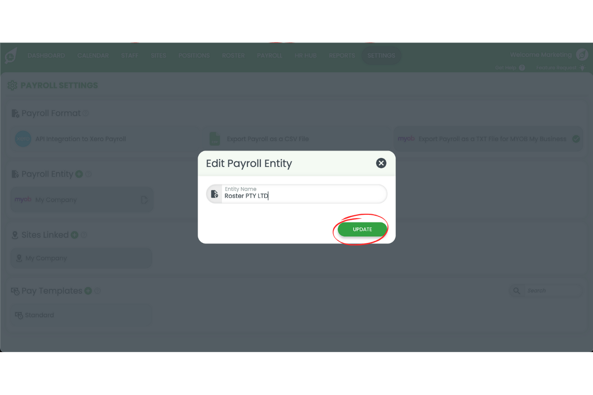 Pressing the Update button to save entity name in RosterElf