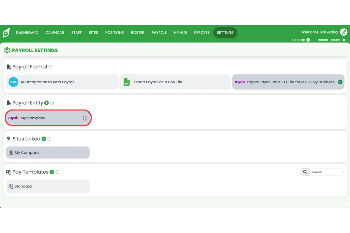 Setting the payroll entity name in RosterElf