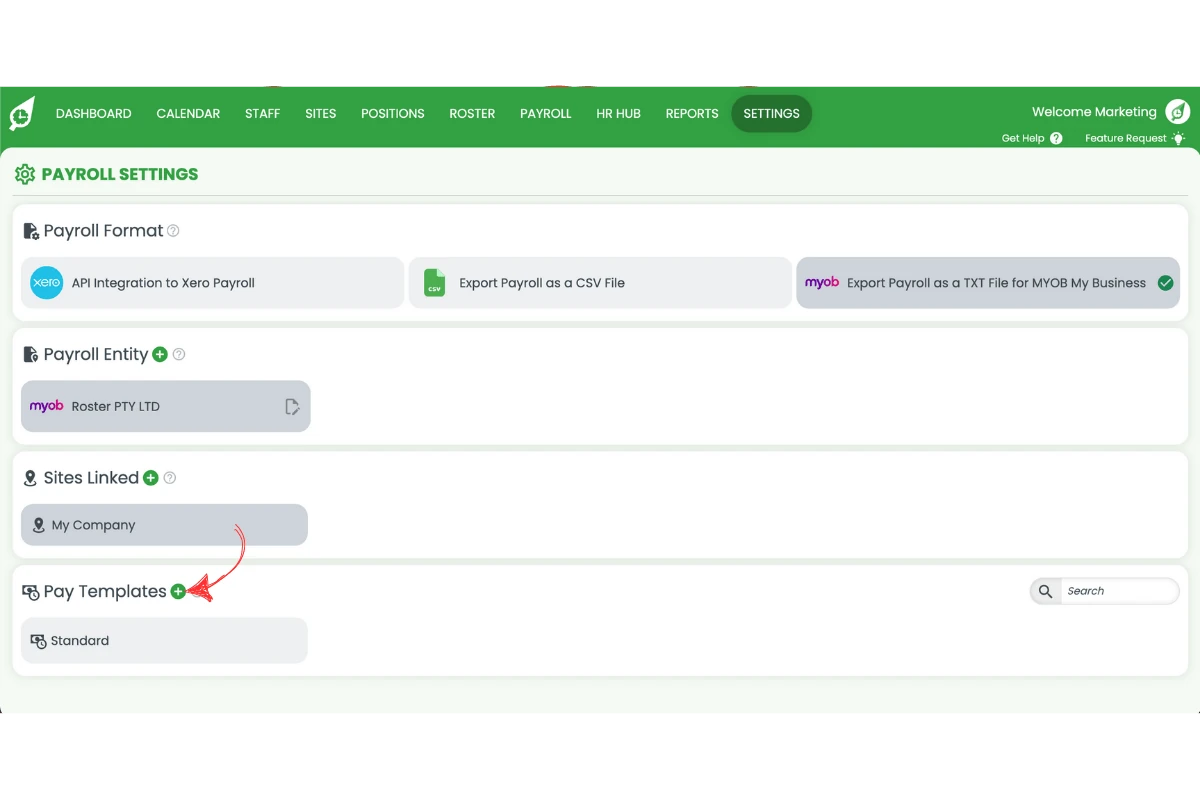 Pressing the plus symbol to create a new pay template in RosterElf