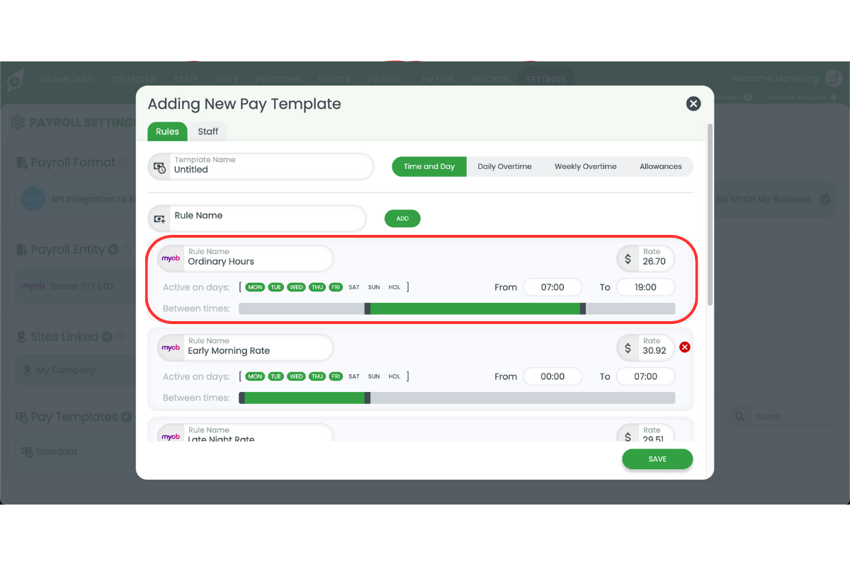 Adjusting time and day settings to match award requirements
