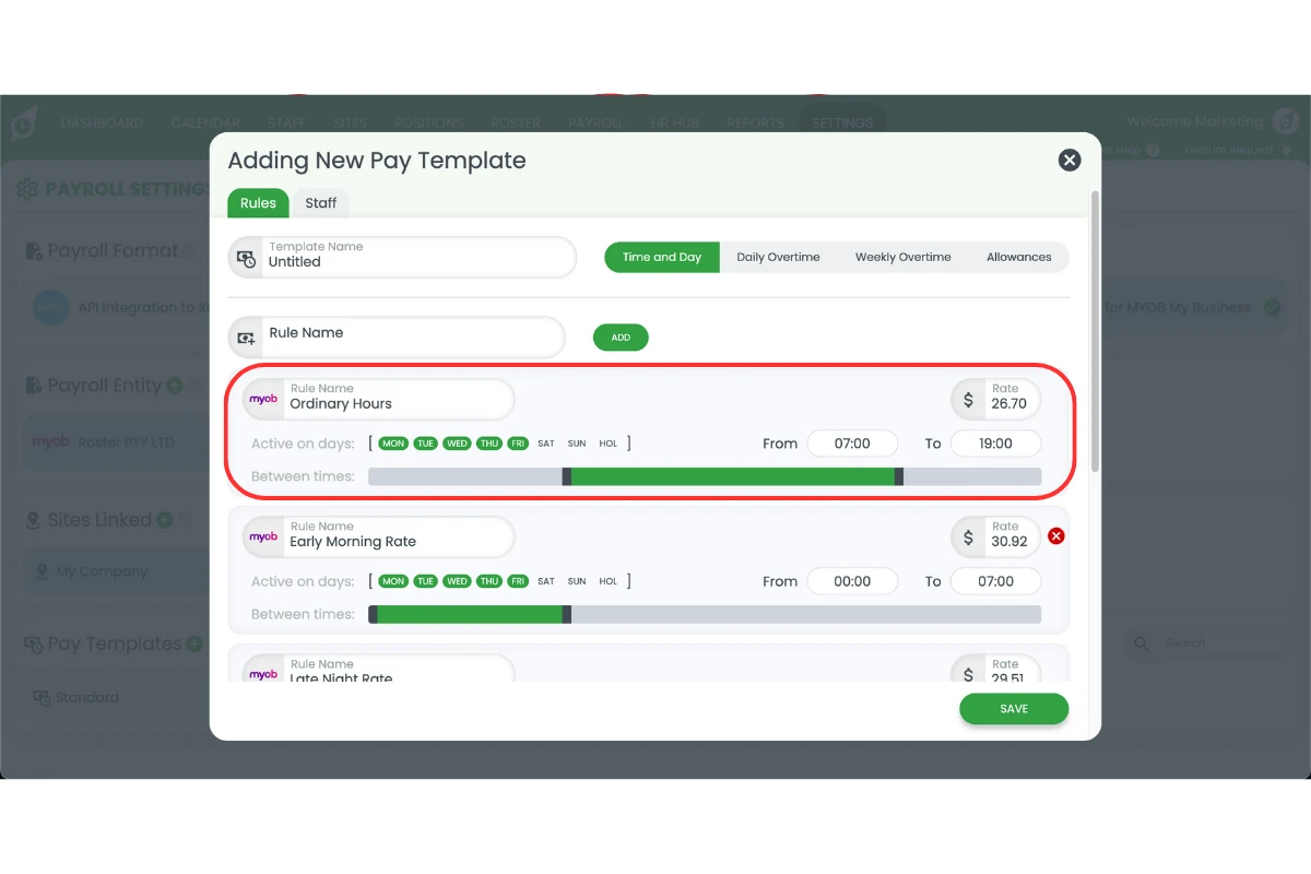 Adjusting time and day settings to match award requirements