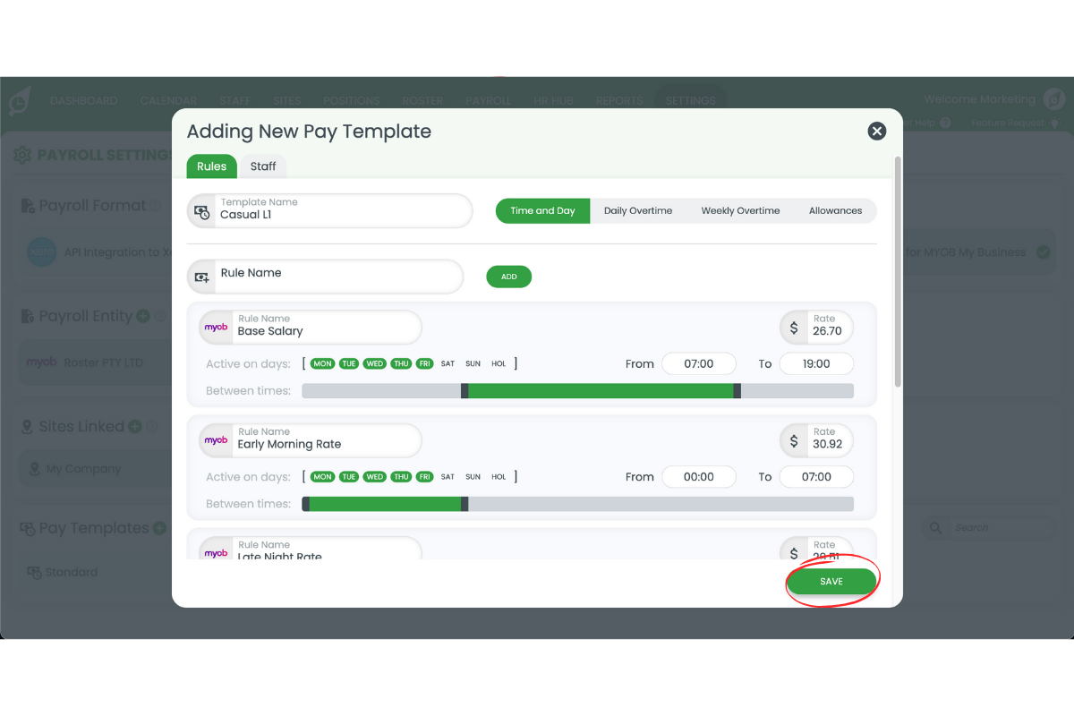 Saving the pay template in RosterElf