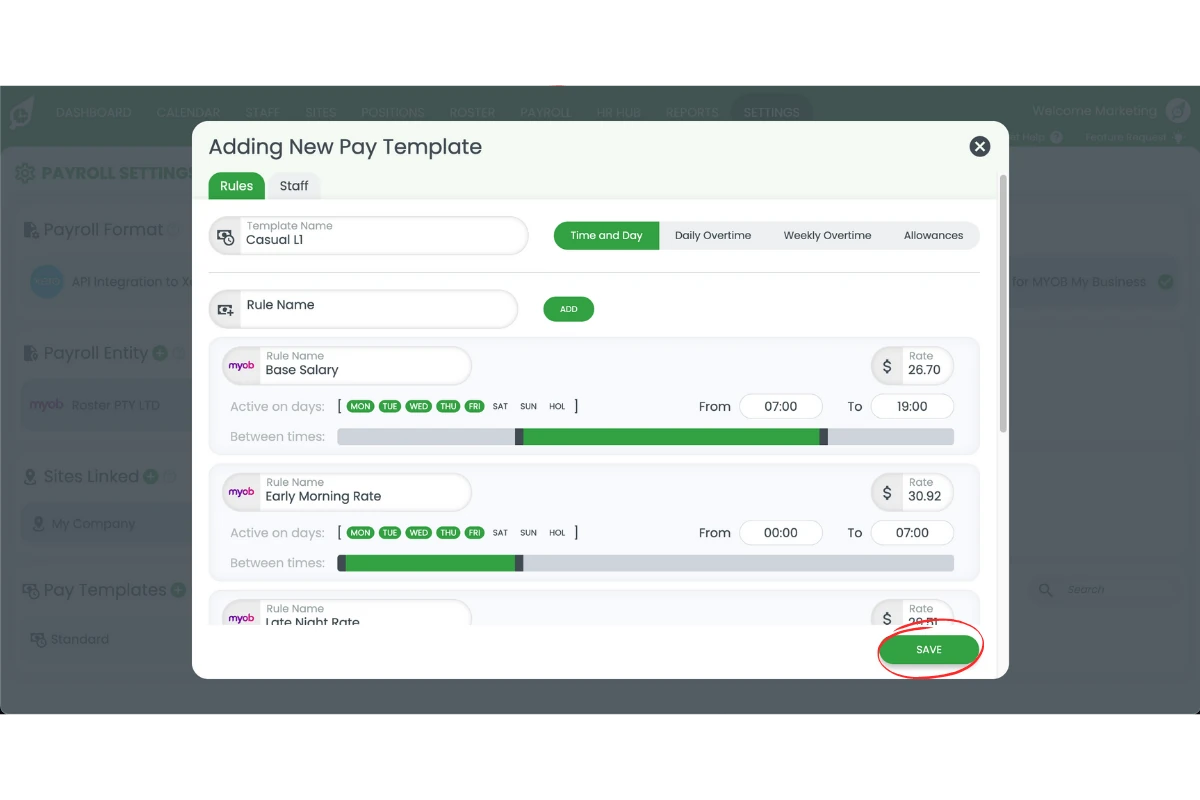 Saving the pay template in RosterElf