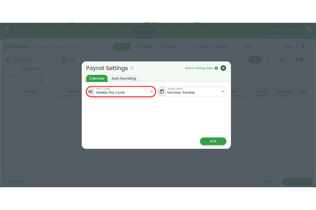 Selecting weekly, fortnightly, or monthly payroll cycle