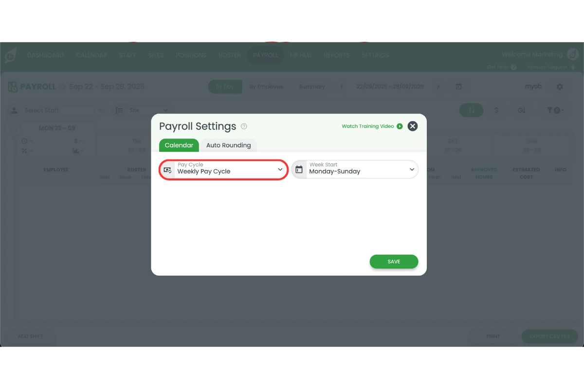 Selecting weekly, fortnightly, or monthly payroll cycle
