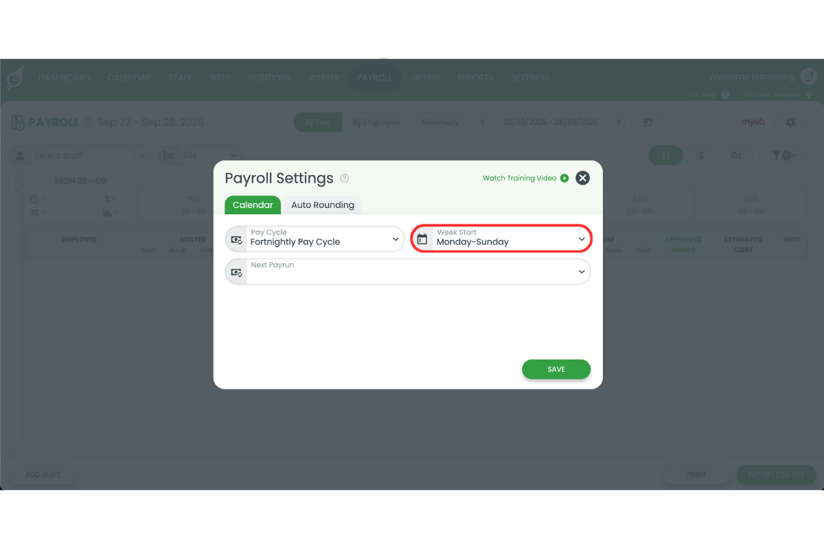 Choosing the first day of the payroll cycle in RosterElf