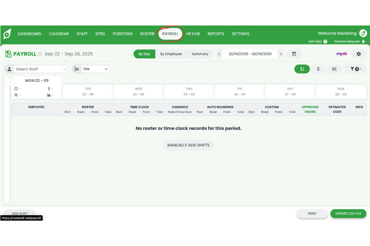 Navigating to the Payroll tab in RosterElf