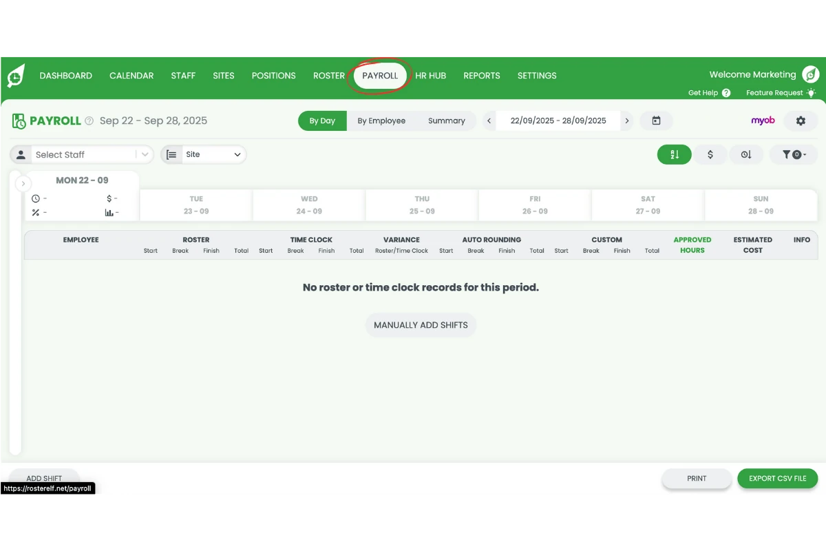 Navigating to the Payroll tab in RosterElf