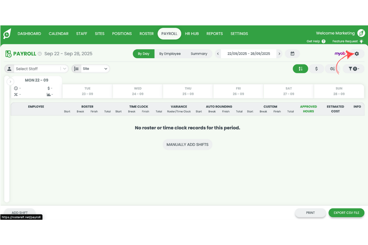Pressing the settings cog to open Payroll Settings