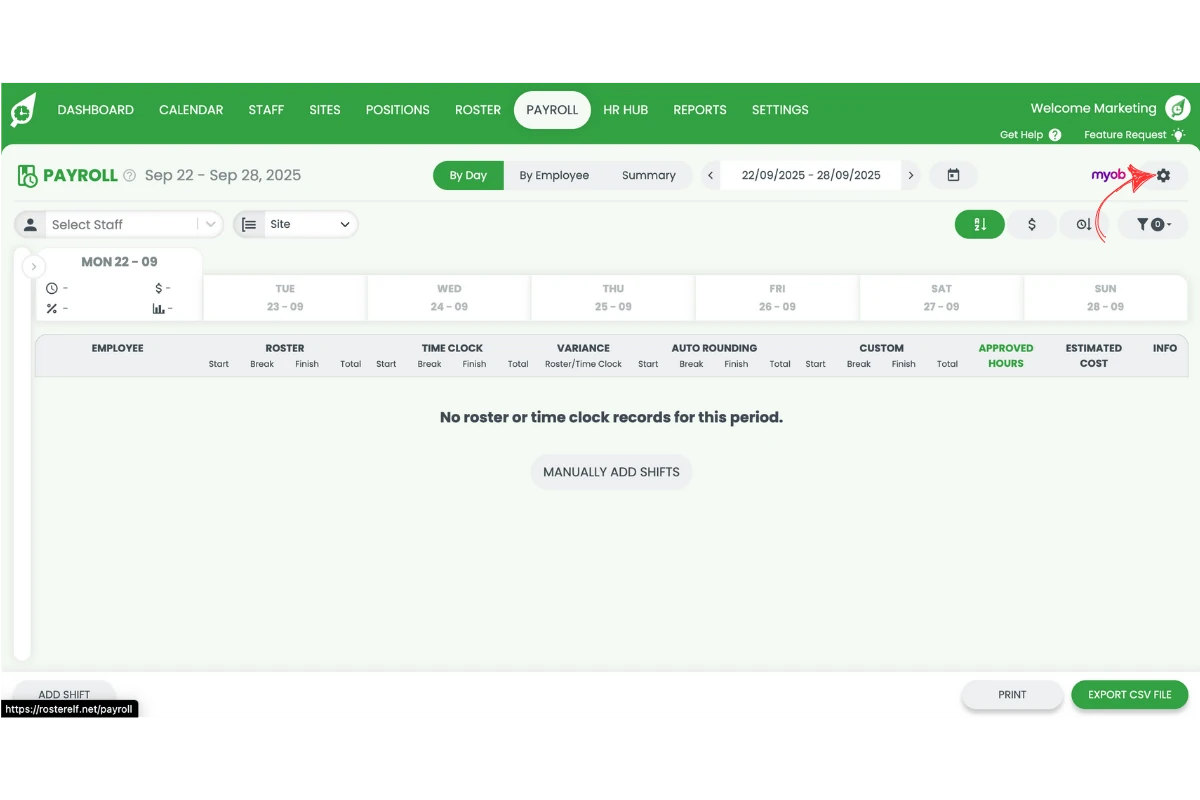 Pressing the settings cog to open Payroll Settings