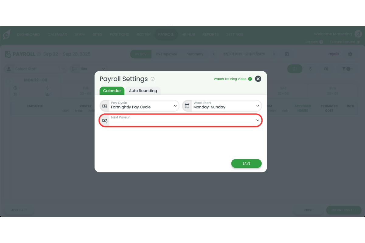 Setting the next payrun date in RosterElf