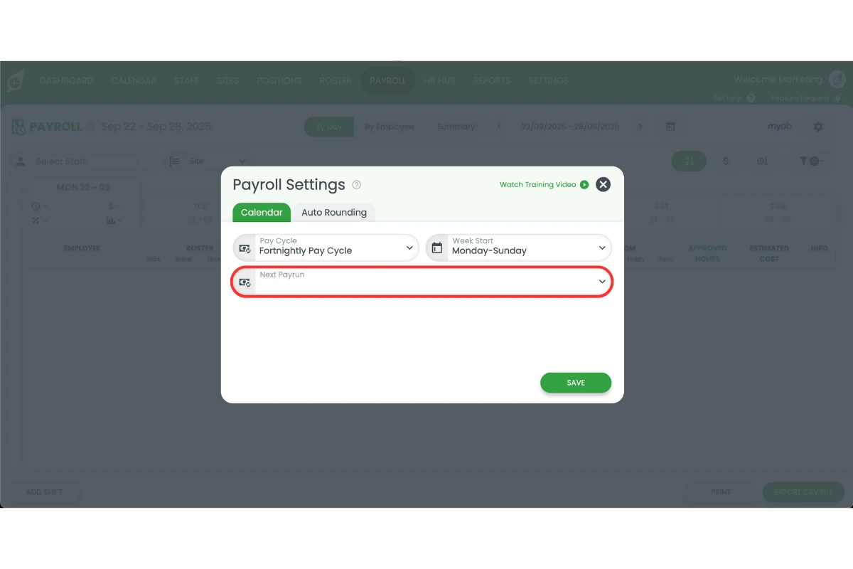 Setting the next payrun date in RosterElf
