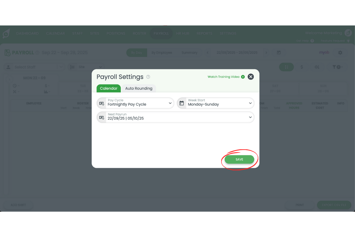 Saving payroll calendar changes in RosterElf