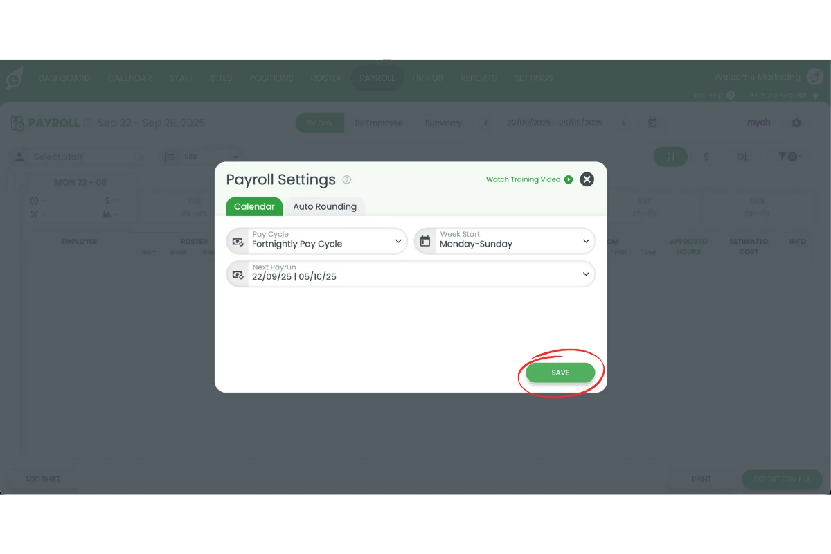 Saving payroll calendar changes in RosterElf