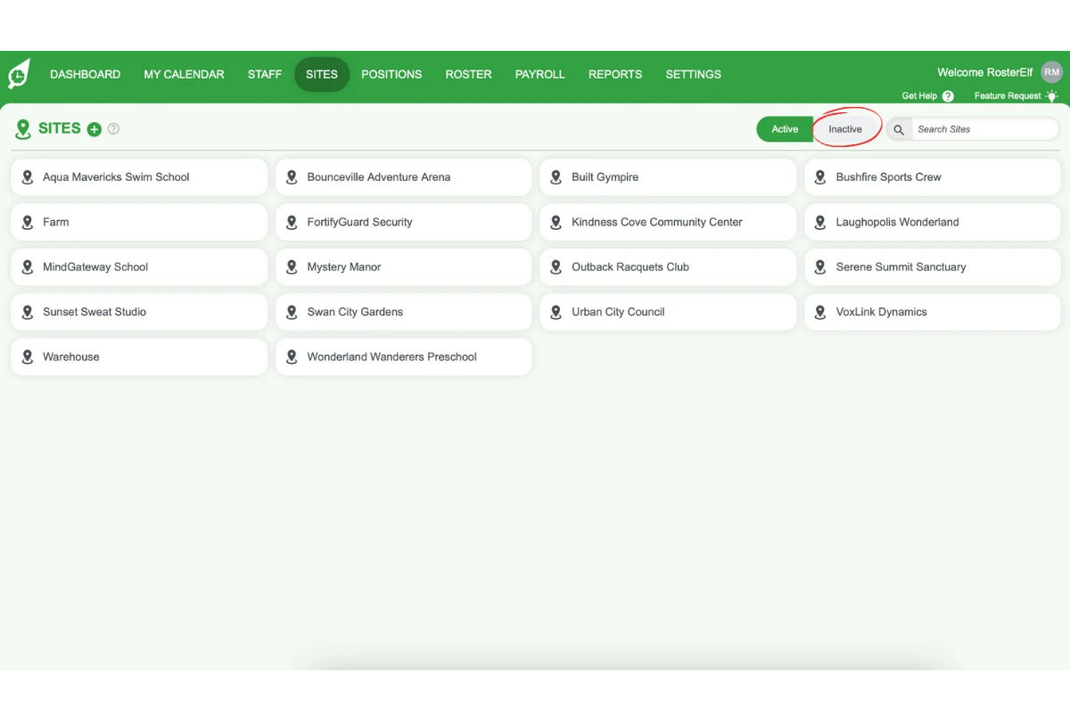 Screenshot illustrating the Inactive option in the Sites tab