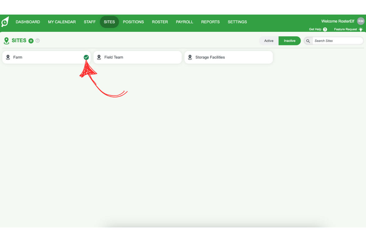 Screenshot indicating site selection for reactivation