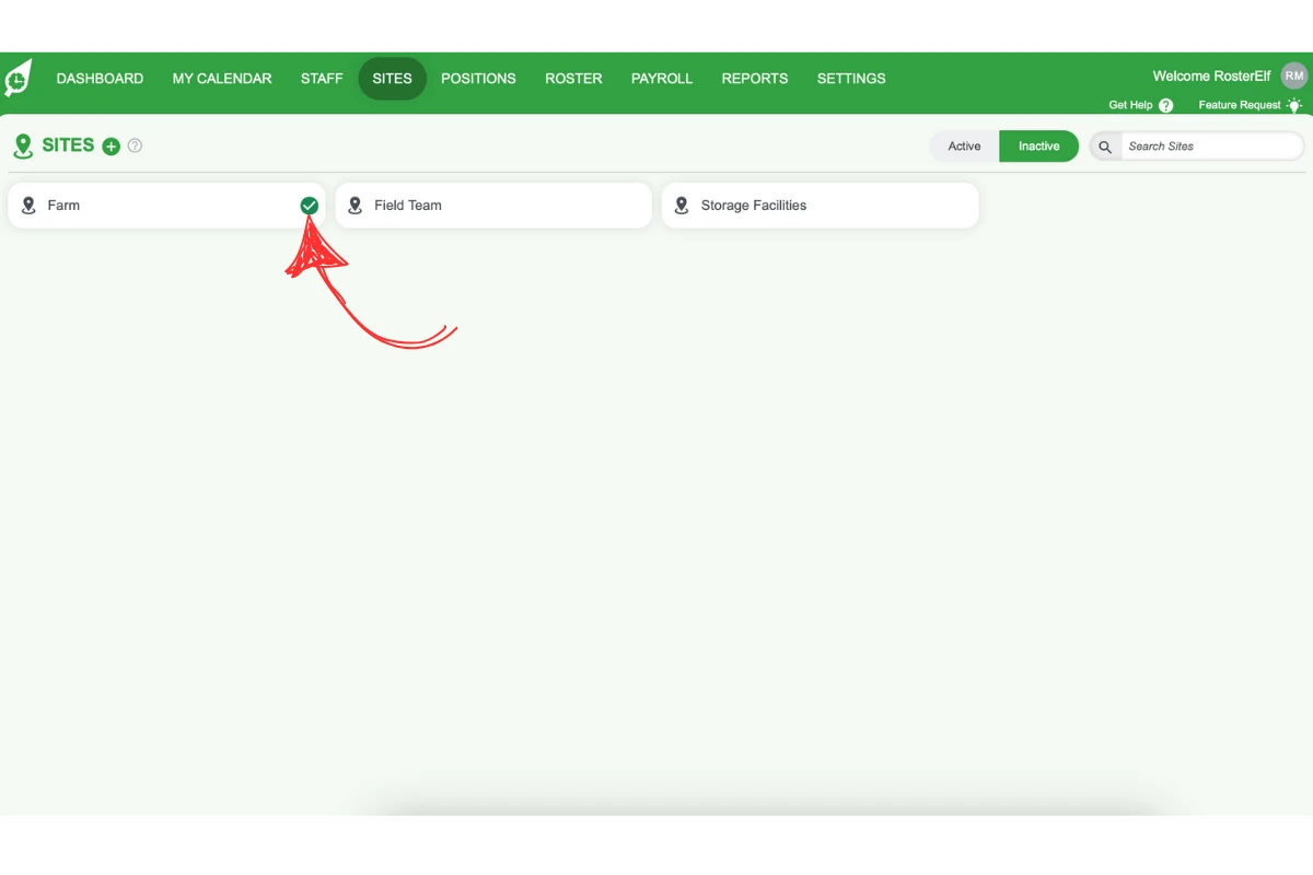Screenshot indicating site selection for reactivation