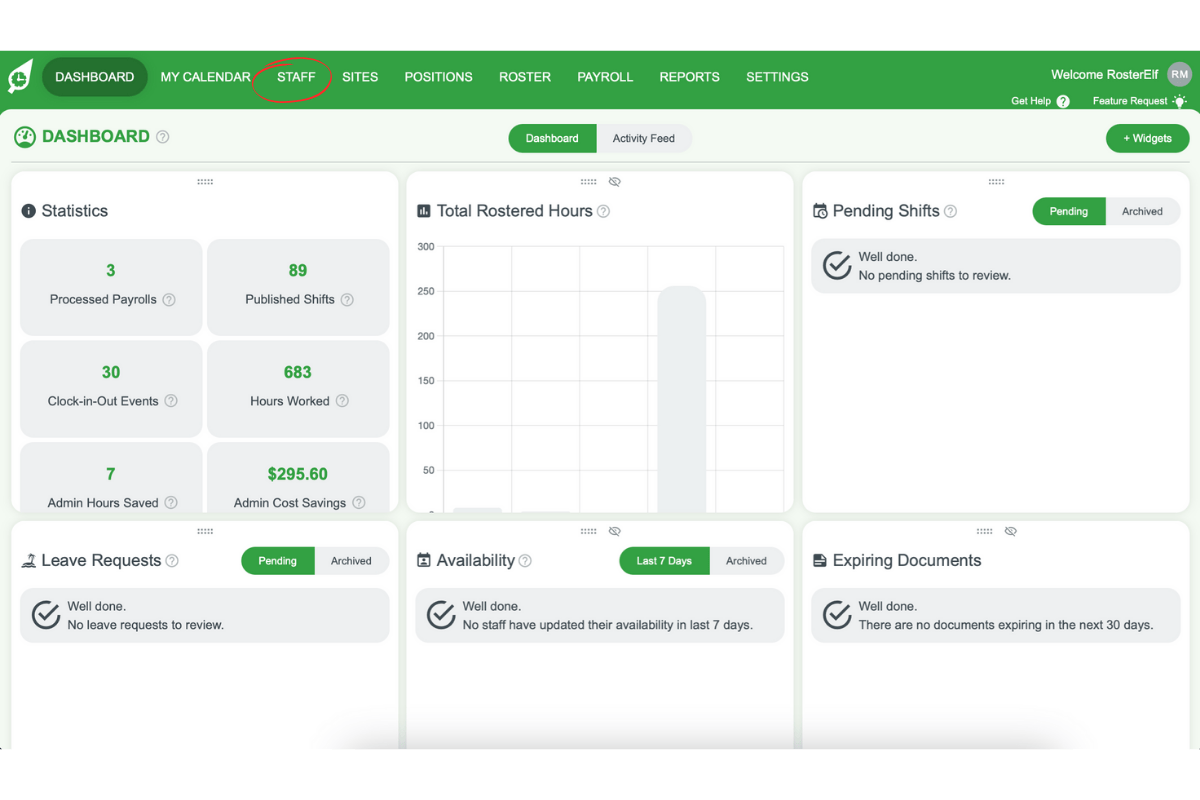 Screenshot showing the Staff tab for reactivating an inactive employee