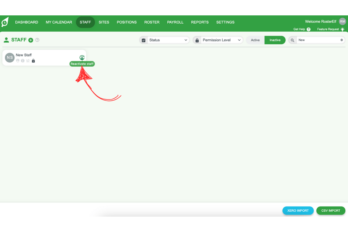 Screenshot indicating staff member selection for reactivation
