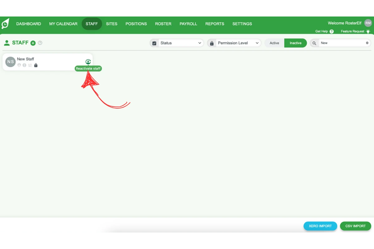 Screenshot indicating staff member selection for reactivation