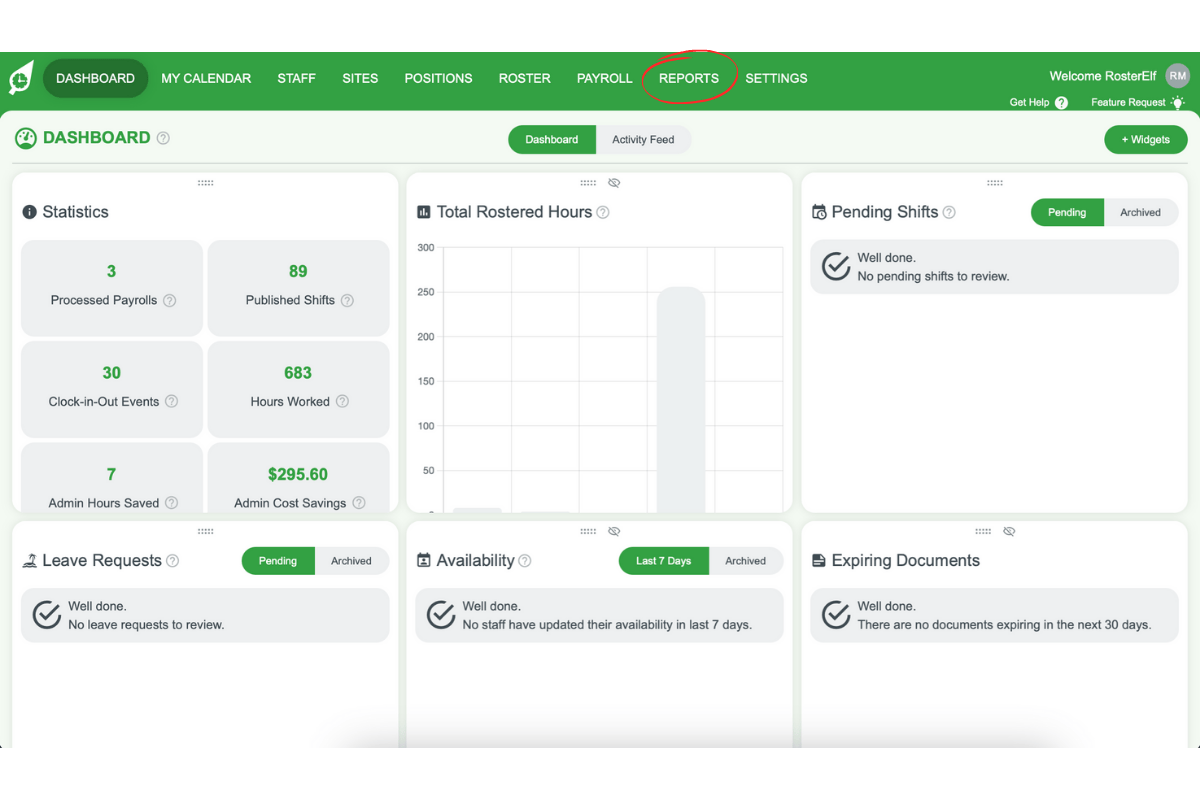 Screenshot showing the Reports section