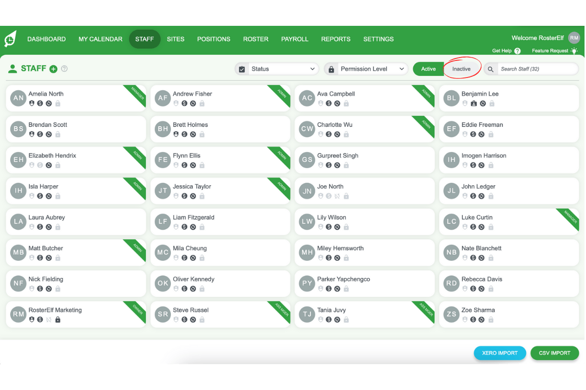 Screenshot illustrating the Inactive button in the Staff tab