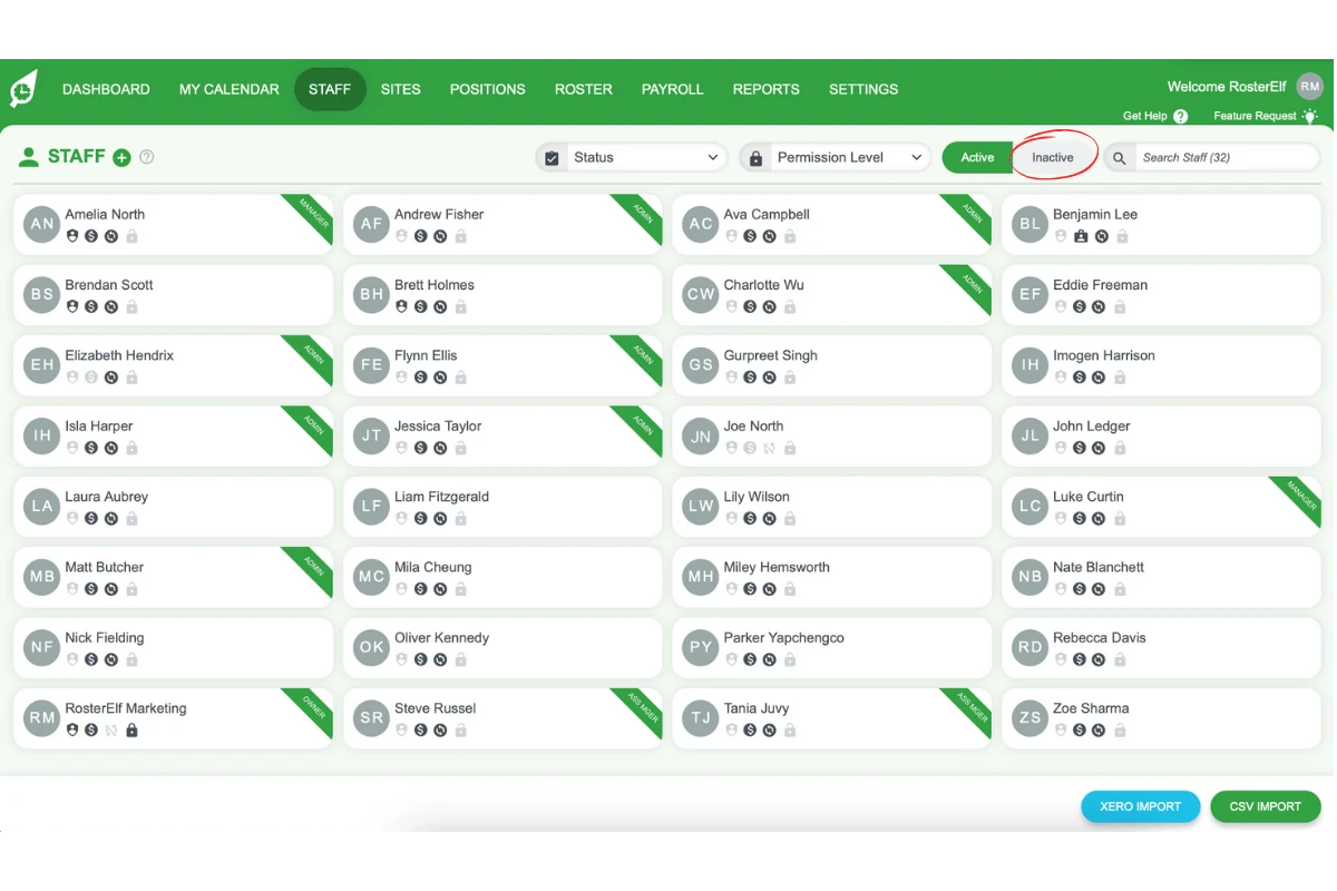 Screenshot illustrating the Inactive button in the Staff tab