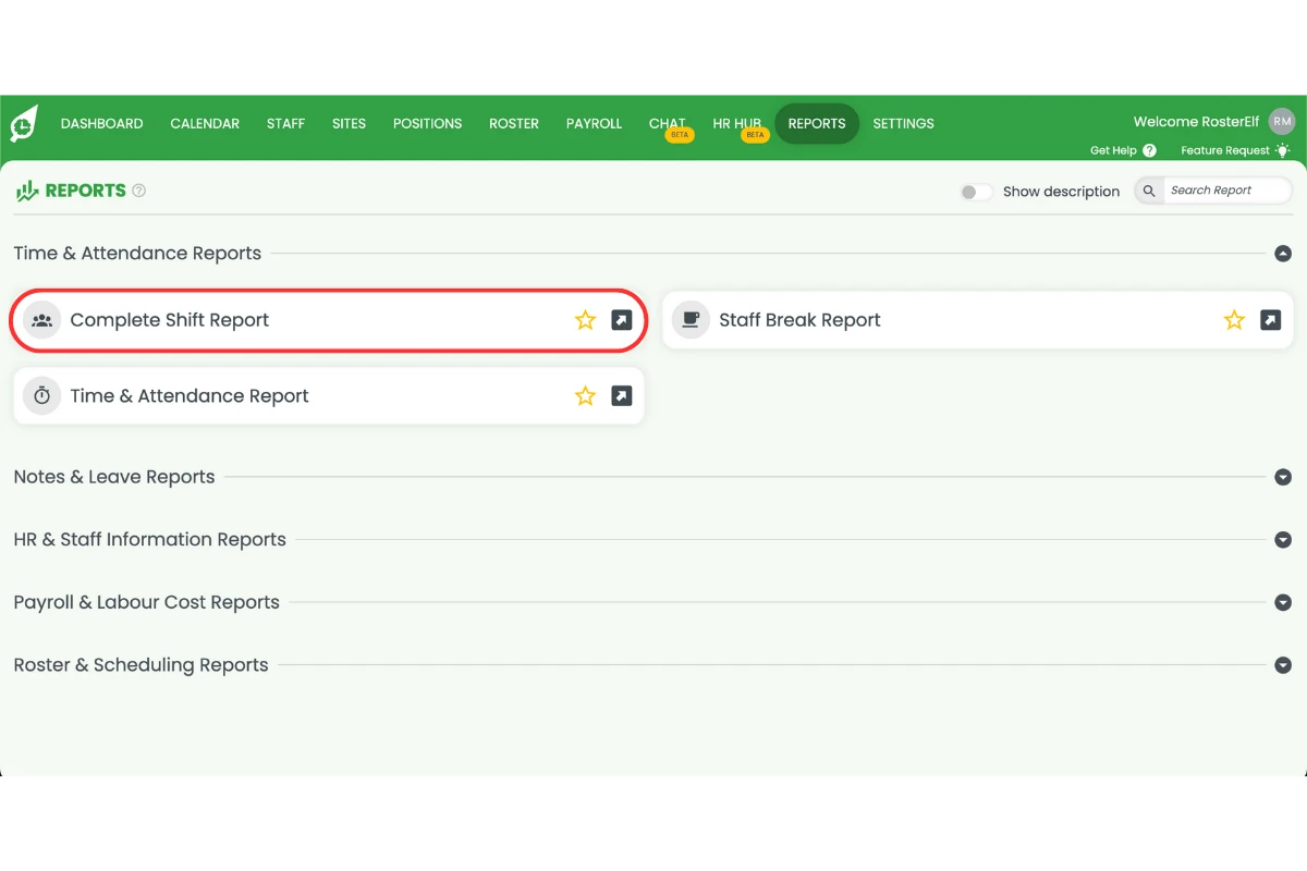 Screenshot showing the complete shift report in RosterElf